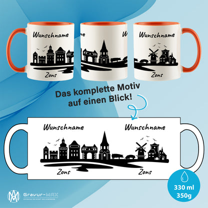 Tasse in Orange 330ml bedruckt mit der Skyline von Zons (Dormagen) personalisierbar mit Wunschname