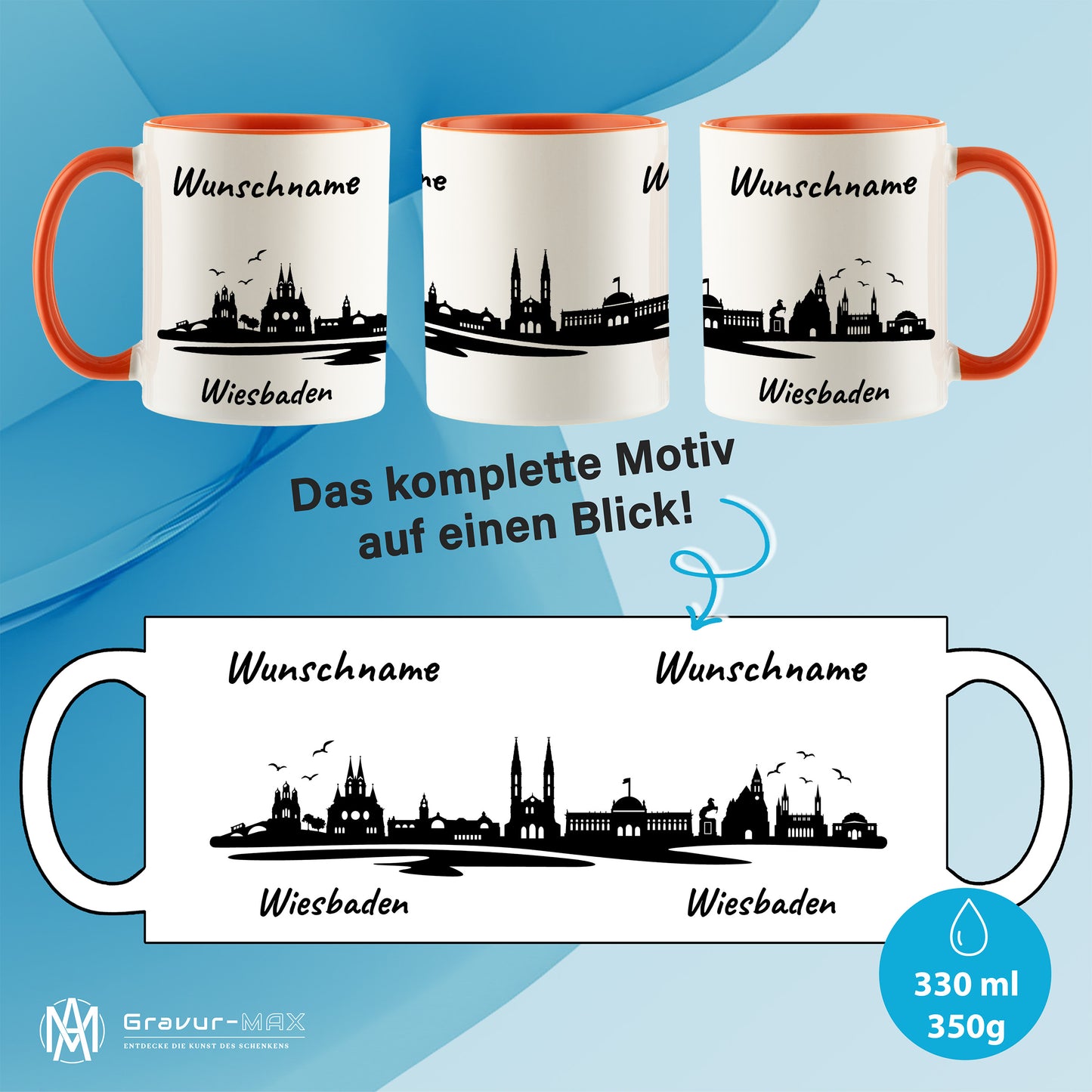 Tasse in Orange 330ml bedruckt mit der Skyline von Wiesbaden personalisierbar mit Wunschname
