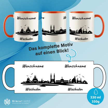 Tasse in Orange 330ml bedruckt mit der Skyline von Wiesbaden personalisierbar mit Wunschname