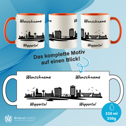 Tasse in Orange 330ml bedruckt mit der Skyline von Wuppertal personalisierbar mit Wunschname