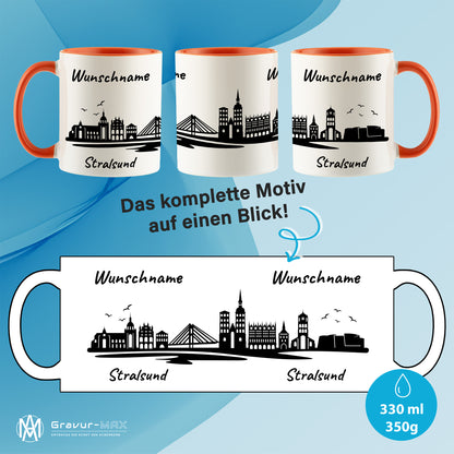 Tasse in Orange 330ml bedruckt mit der Skyline von Stralsund personalisierbar mit Wunschname