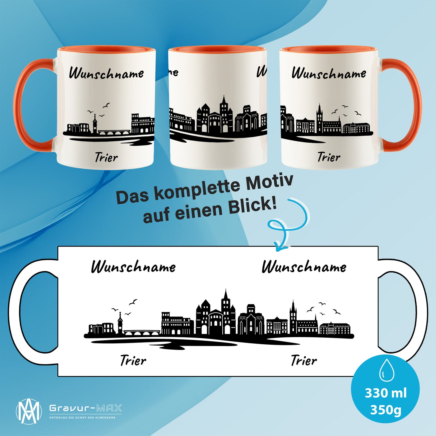 Tasse in Orange 330ml bedruckt mit der Skyline von Trier personalisierbar mit Wunschname