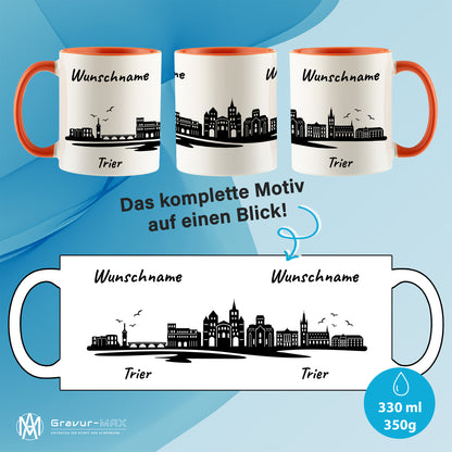Tasse in Orange 330ml bedruckt mit der Skyline von Trier personalisierbar mit Wunschname