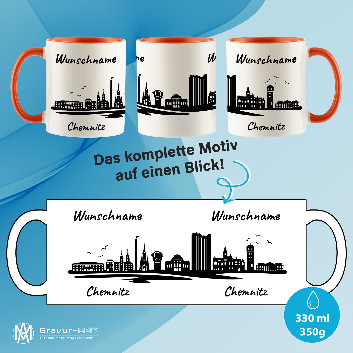 Tasse in Orange 330ml bedruckt mit der Skyline von Chemnitz personalisierbar mit Wunschname