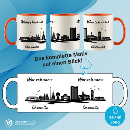 Tasse in Orange 330ml bedruckt mit der Skyline von Chemnitz personalisierbar mit Wunschname