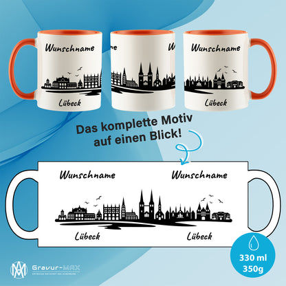 Tasse in Orange 330ml bedruckt mit der Skyline von Lübeck personalisierbar mit Wunschname