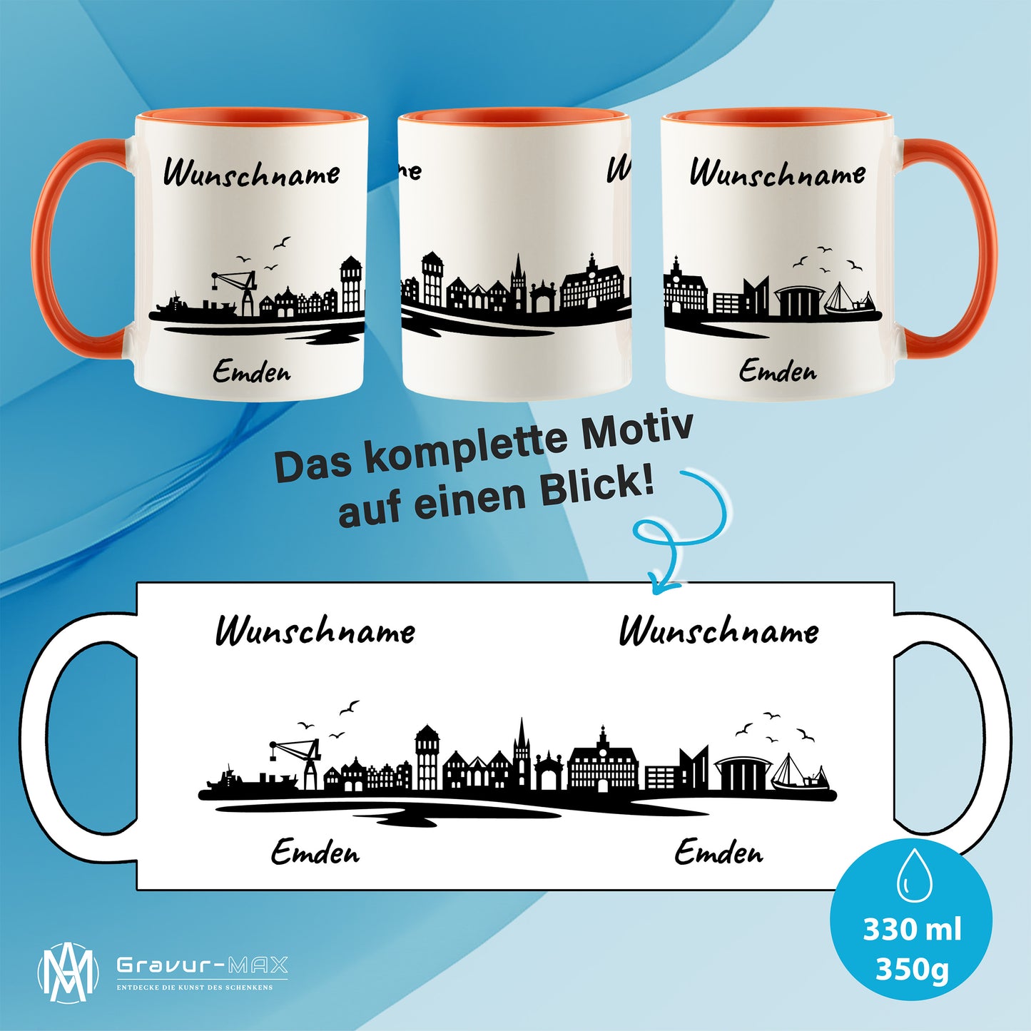 Tasse in Orange 330ml bedruckt mit der Skyline von Emden personalisierbar mit Wunschname