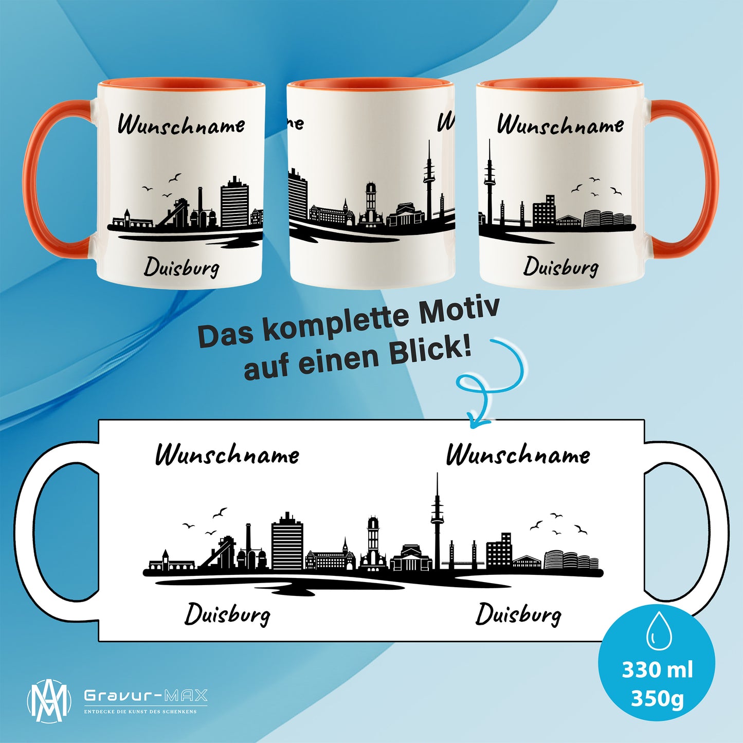 Tasse in Orange 330ml bedruckt mit der Skyline von Duisburg personalisierbar mit Wunschname