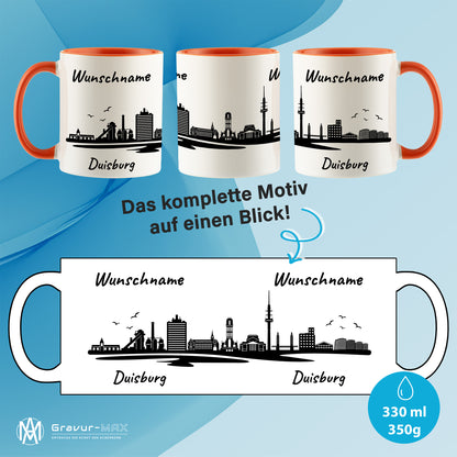 Tasse in Orange 330ml bedruckt mit der Skyline von Duisburg personalisierbar mit Wunschname