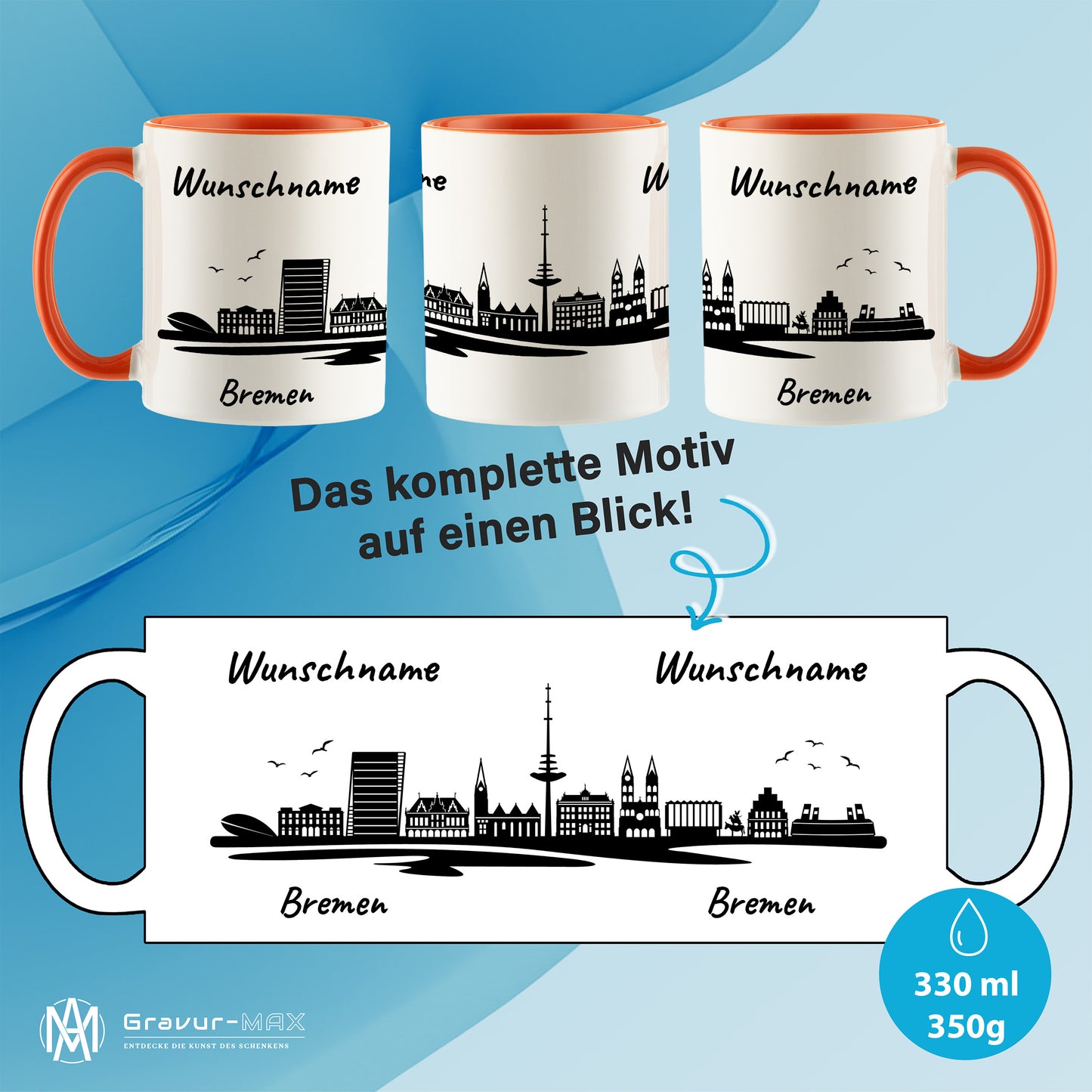 Tasse in Orange 330ml bedruckt mit der Skyline von Bremen personalisierbar mit Wunschname