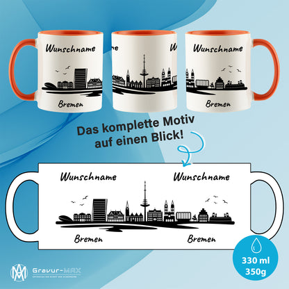 Tasse in Orange 330ml bedruckt mit der Skyline von Bremen personalisierbar mit Wunschname