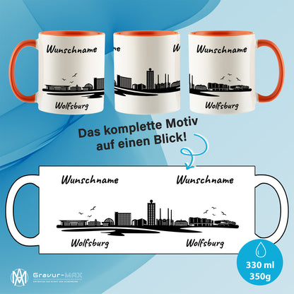 Tasse in Orange 330ml bedruckt mit der Skyline von Wolfsburg personalisierbar mit Wunschname