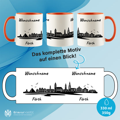 Tasse in Orange 330ml bedruckt mit der Skyline von Fürth personalisierbar mit Wunschname