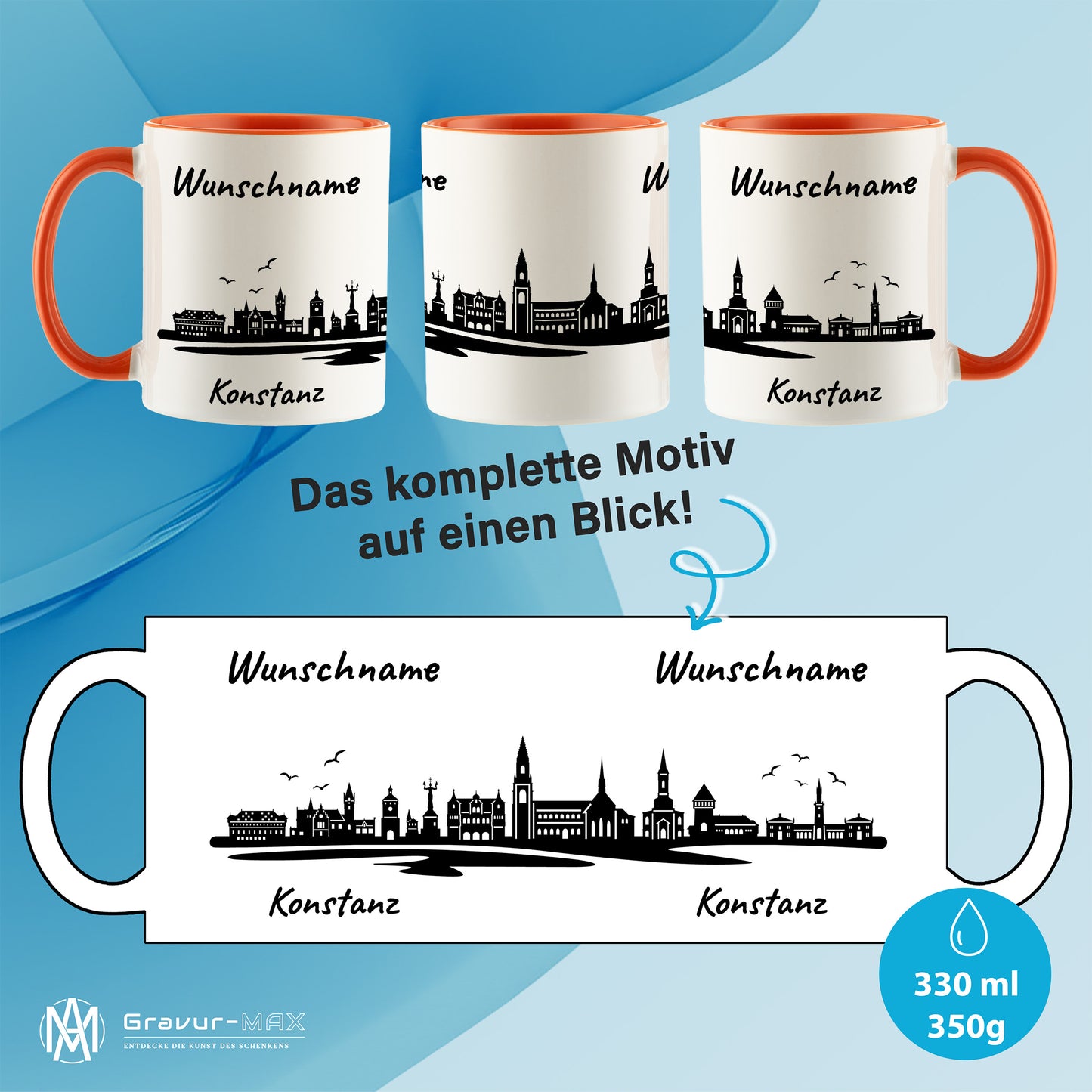 Tasse in Orange 330ml bedruckt mit der Skyline von Konstanz personalisierbar mit Wunschname