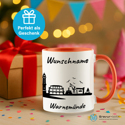 Tasse in Orange 330ml bedruckt mit der Skyline von Warnemünde personalisierbar mit Wunschname