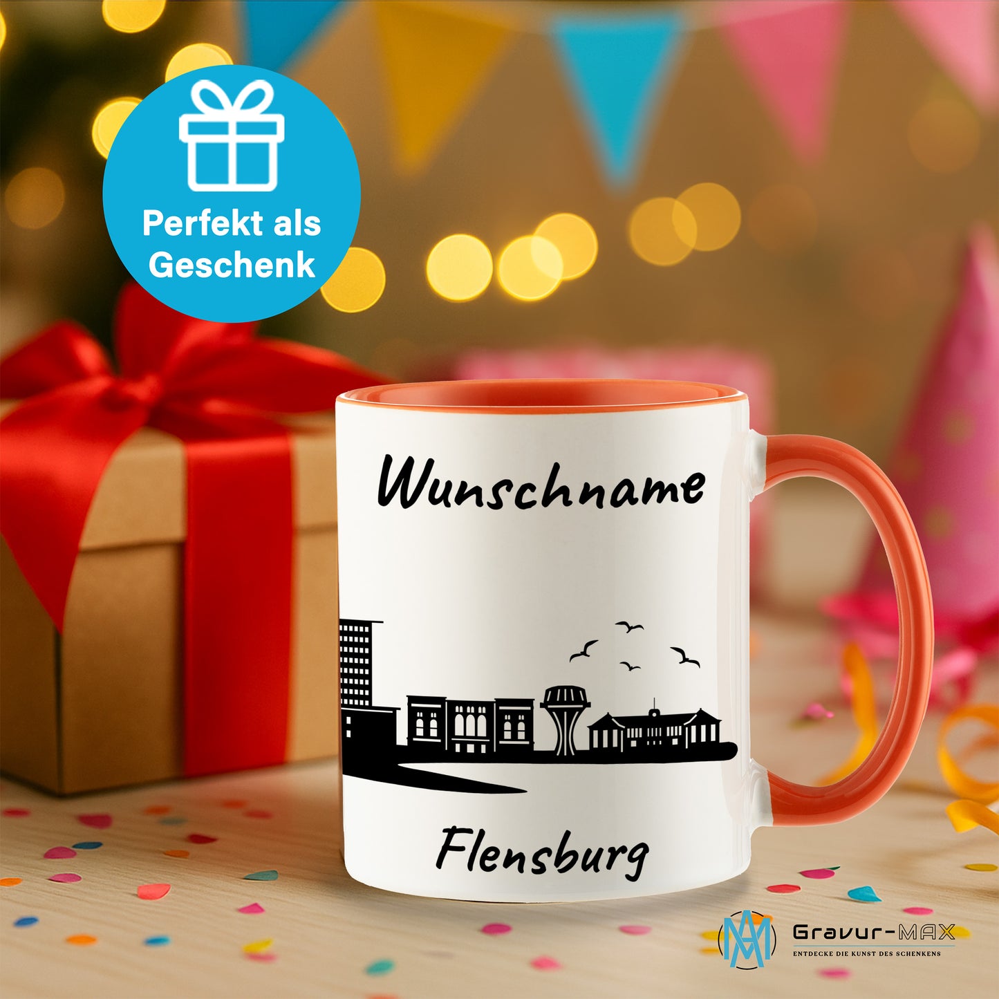 Tasse in Orange 330ml bedruckt mit der Skyline von Flensburg personalisierbar mit Wunschname