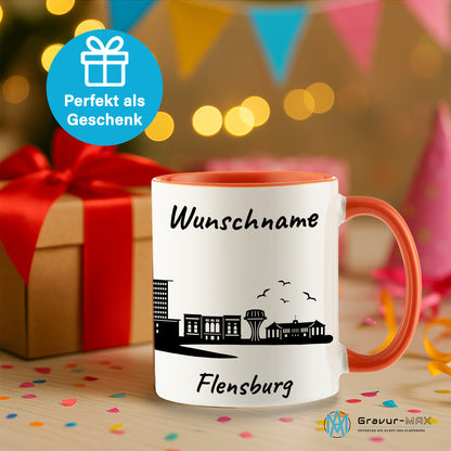 Tasse in Orange 330ml bedruckt mit der Skyline von Flensburg personalisierbar mit Wunschname