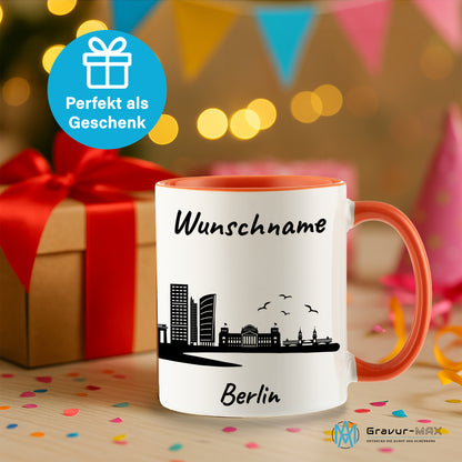Tasse in Orange 330ml bedruckt mit der Skyline von Berlin personalisierbar mit Wunschname