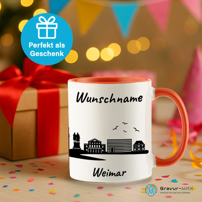 Tasse in Orange 330ml bedruckt mit der Skyline von Weimar personalisierbar mit Wunschname