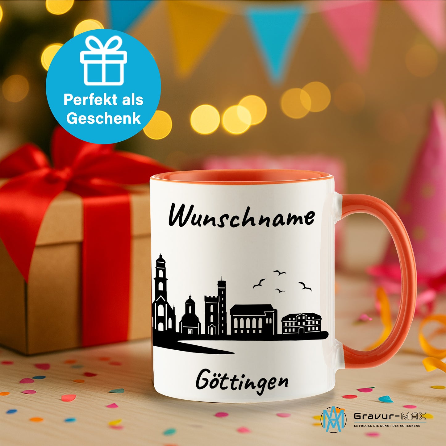 Tasse in Orange 330ml bedruckt mit der Skyline von Göttingen personalisierbar mit Wunschname