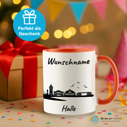 Tasse in Orange 330ml bedruckt mit der Skyline von Halle personalisierbar mit Wunschname