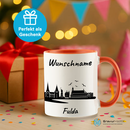 Tasse in Orange 330ml bedruckt mit der Skyline von Fulda personalisierbar mit Wunschname
