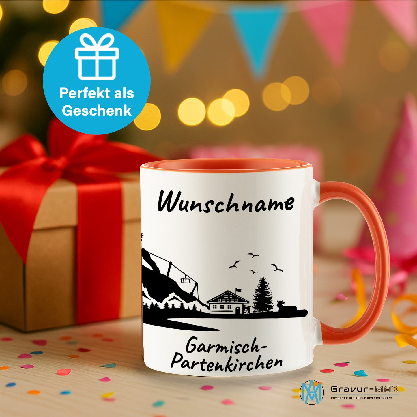 Tasse in Orange 330ml bedruckt mit der Skyline von Garmisch-Partenkirchen personalisierbar mit Wunschname