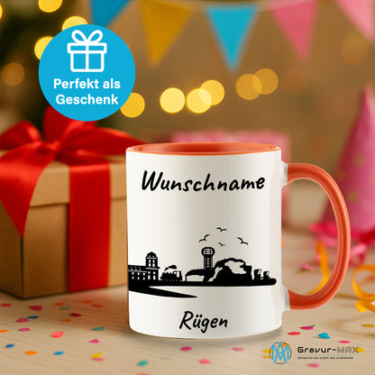 Tasse in Orange 330ml bedruckt mit der Skyline von Rügen personalisierbar mit Wunschname