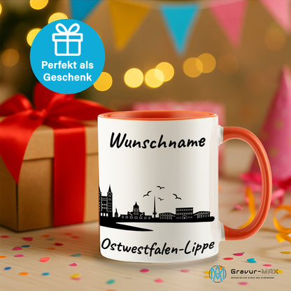 Tasse in Orange 330ml bedruckt mit der Skyline von Ostwestfalen-Lippe personalisierbar mit Wunschname
