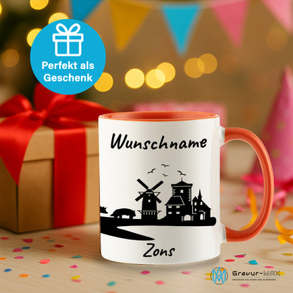 Tasse in Orange 330ml bedruckt mit der Skyline von Zons (Dormagen) personalisierbar mit Wunschname