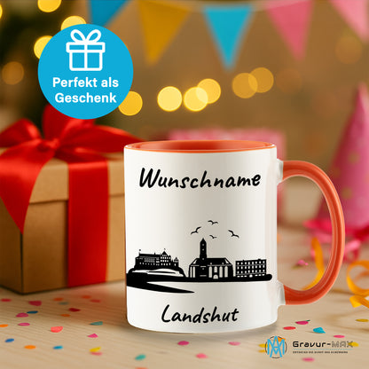 Tasse in Orange 330ml bedruckt mit der Skyline von Landshut personalisierbar mit Wunschname