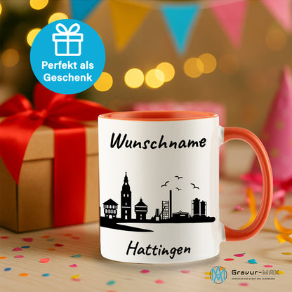 Tasse in Orange 330ml bedruckt mit der Skyline von Hattingen personalisierbar mit Wunschname