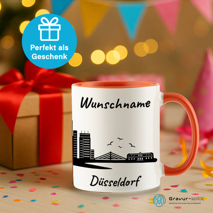 Tasse in Orange 330ml bedruckt mit der Skyline von Düsseldorf personalisierbar mit Wunschname