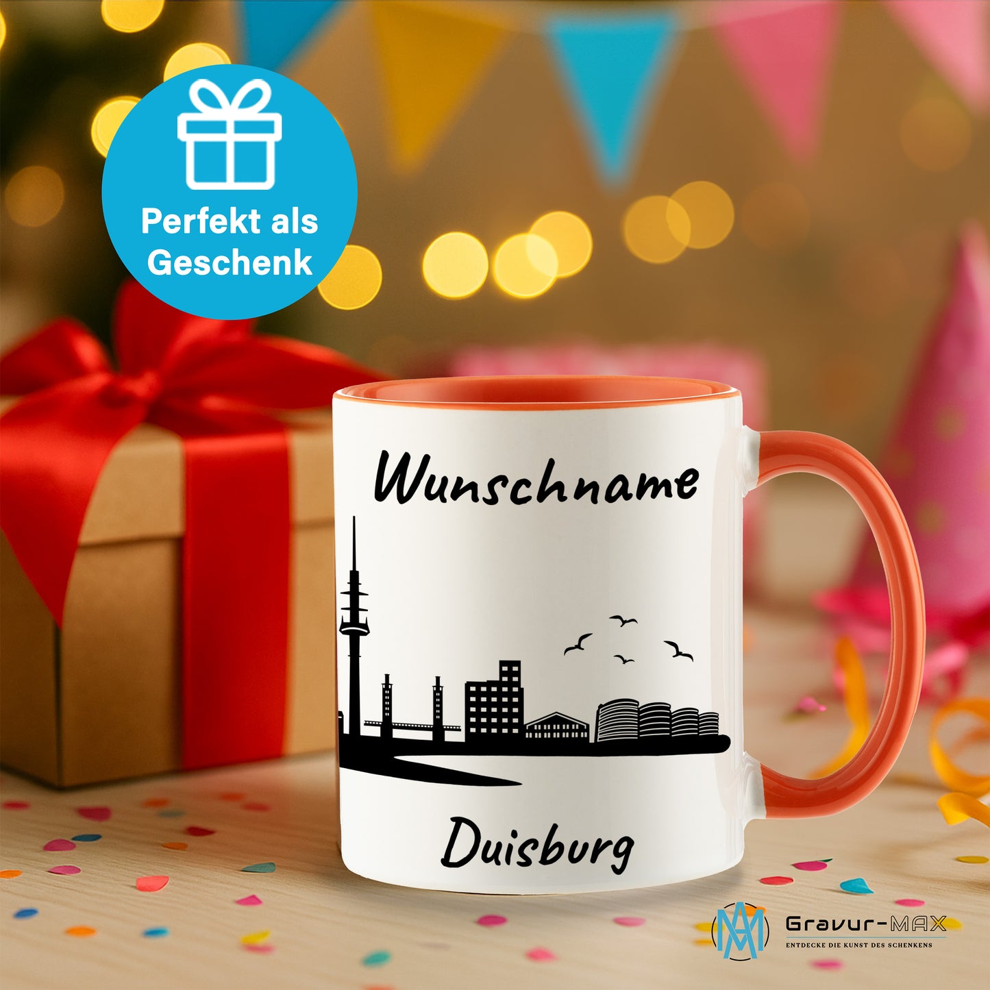 Tasse in Orange 330ml bedruckt mit der Skyline von Duisburg personalisierbar mit Wunschname