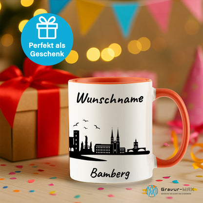 Tasse in Orange 330ml bedruckt mit der Skyline von Bamberg personalisierbar mit Wunschname