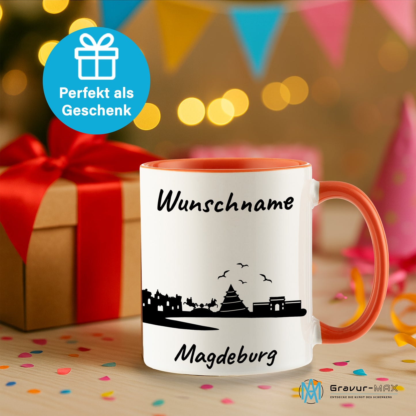 Tasse in Orange 330ml bedruckt mit der Skyline von Magdeburg personalisierbar mit Wunschname