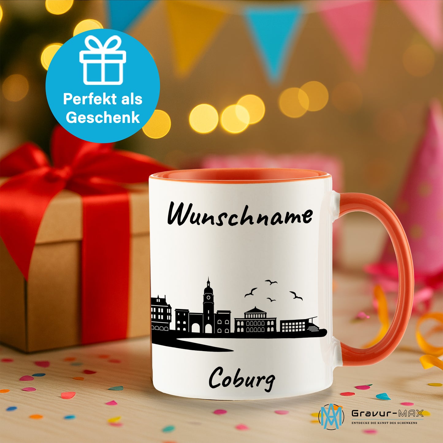 Tasse in Orange 330ml bedruckt mit der Skyline von Coburg personalisierbar mit Wunschname