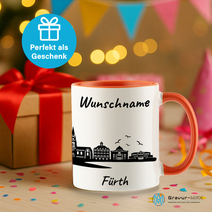 Tasse in Orange 330ml bedruckt mit der Skyline von Fürth personalisierbar mit Wunschname