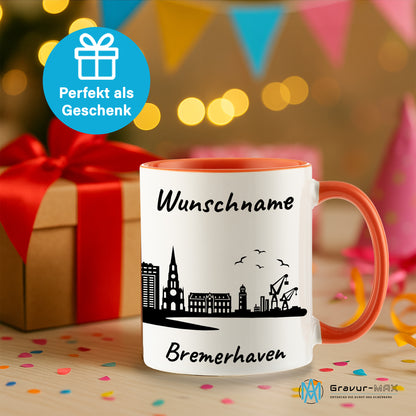 Tasse in Orange 330ml bedruckt mit der Skyline von Bremerhaven personalisierbar mit Wunschname