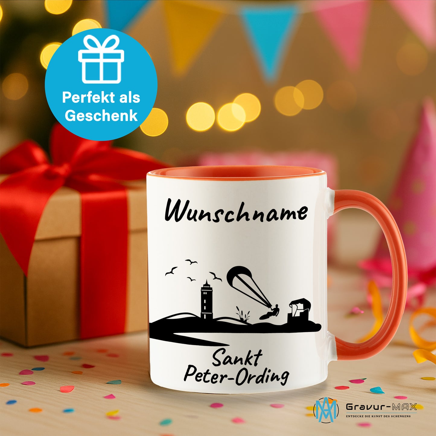 Tasse in Orange 330ml bedruckt mit der Skyline von Sankt Peter-Ording personalisierbar mit Wunschname