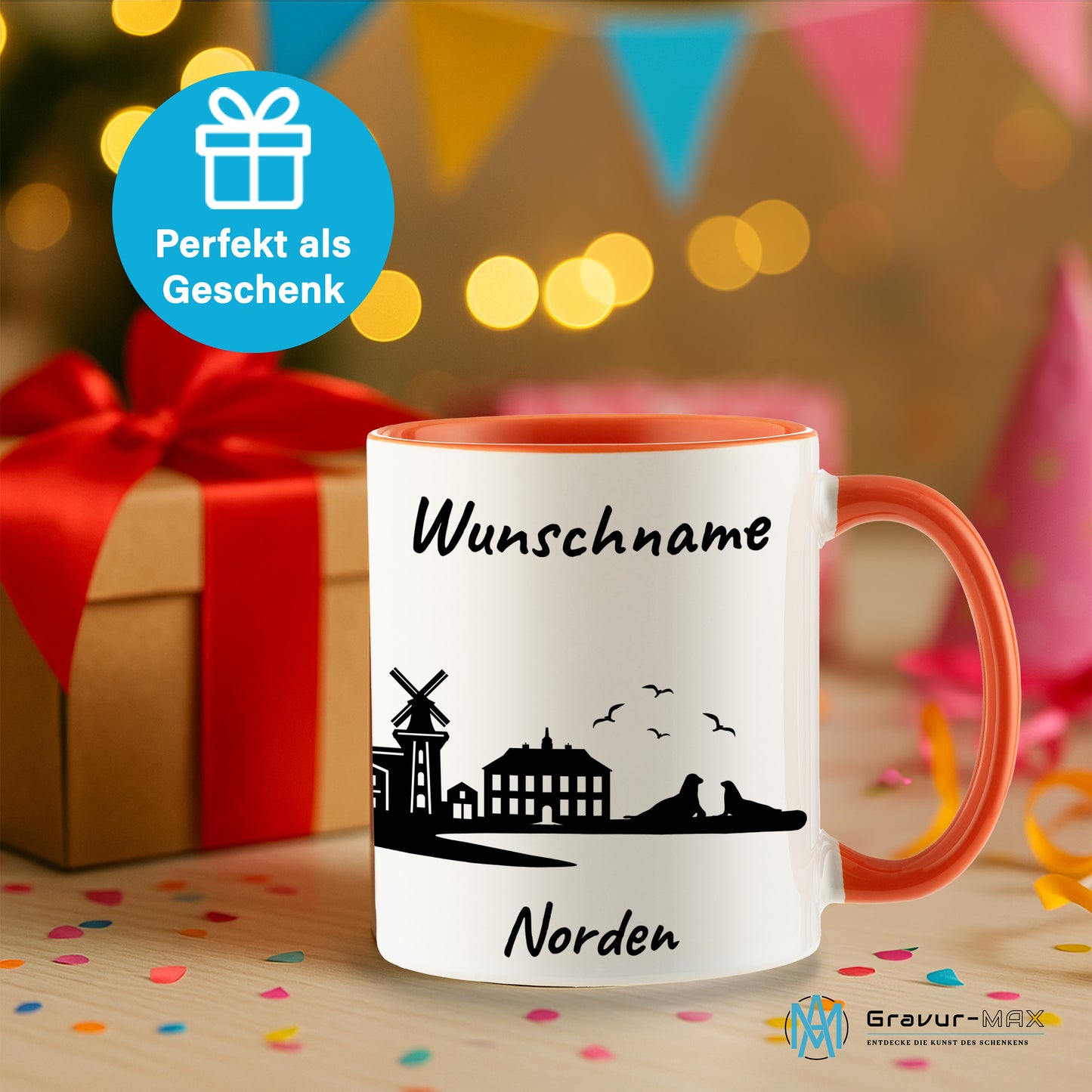 Tasse in Orange 330ml bedruckt mit der Skyline von Norden personalisierbar mit Wunschname