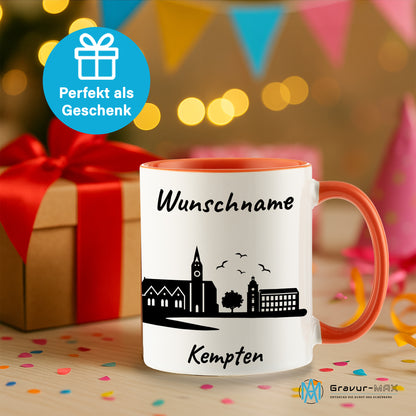 Tasse in Orange 330ml bedruckt mit der Skyline von Kempten personalisierbar mit Wunschname