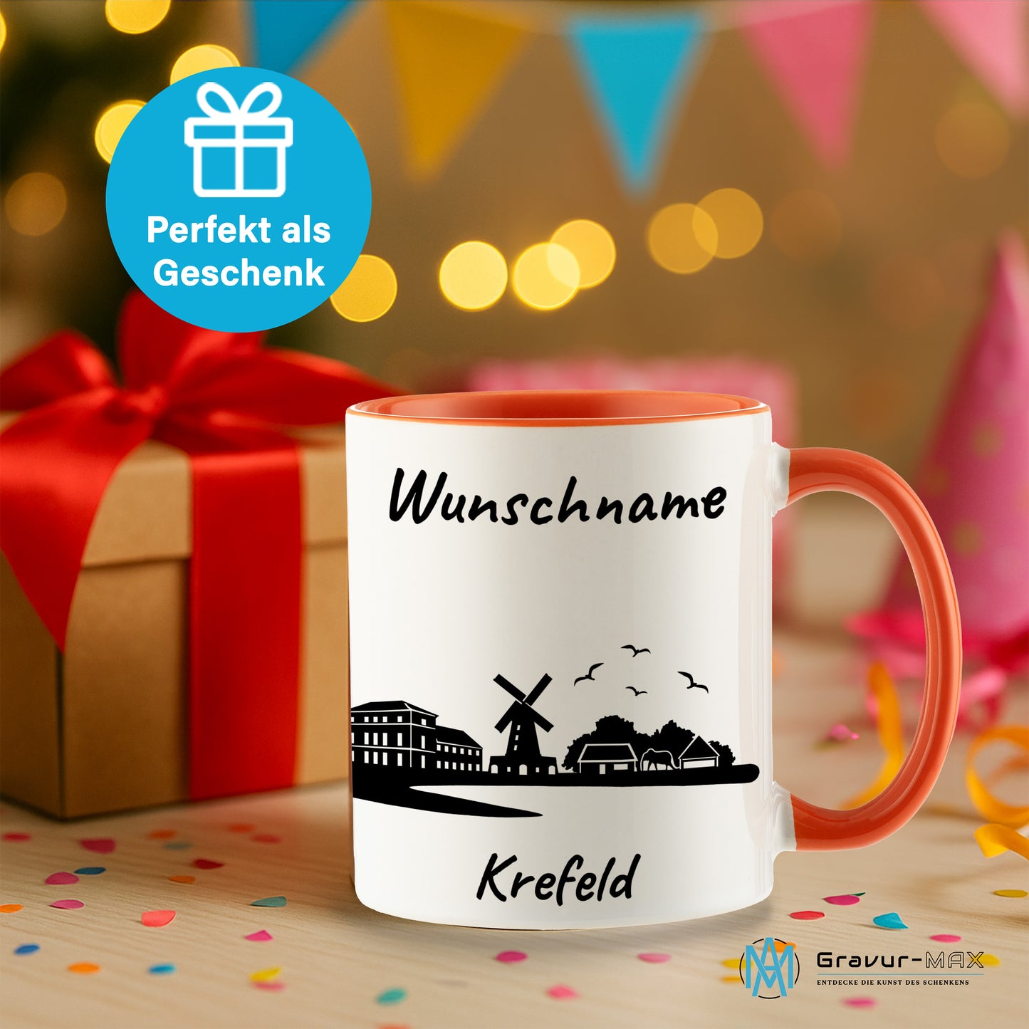 Tasse in Orange 330ml bedruckt mit der Skyline von Krefeld personalisierbar mit Wunschname