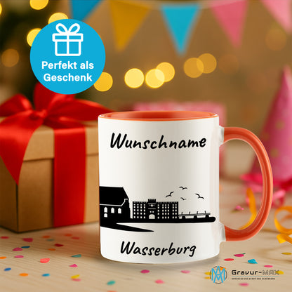 Tasse in Orange 330ml bedruckt mit der Skyline von Wasserburg personalisierbar mit Wunschname