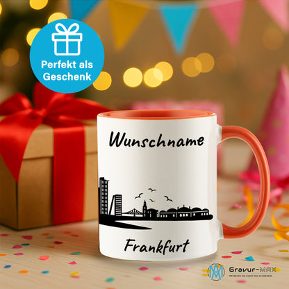 Tasse in Orange 330ml bedruckt mit der Skyline von Frankfurt personalisierbar mit Wunschname