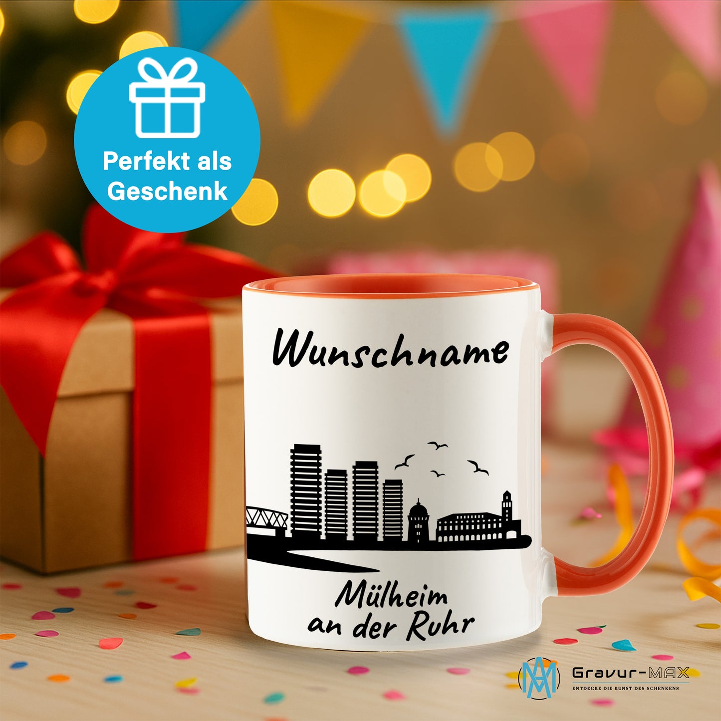 Tasse in Orange 330ml bedruckt mit der Skyline von Mülheim an der Ruhr personalisierbar mit Wunschname