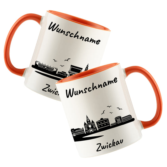 Tasse in Orange 330ml bedruckt mit der Skyline von Zwickau personalisierbar mit Wunschname