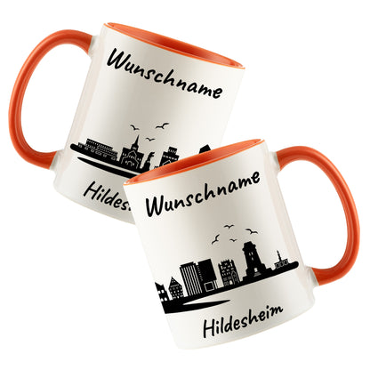 Tasse in Orange 330ml bedruckt mit der Skyline von Hildesheim personalisierbar mit Wunschname