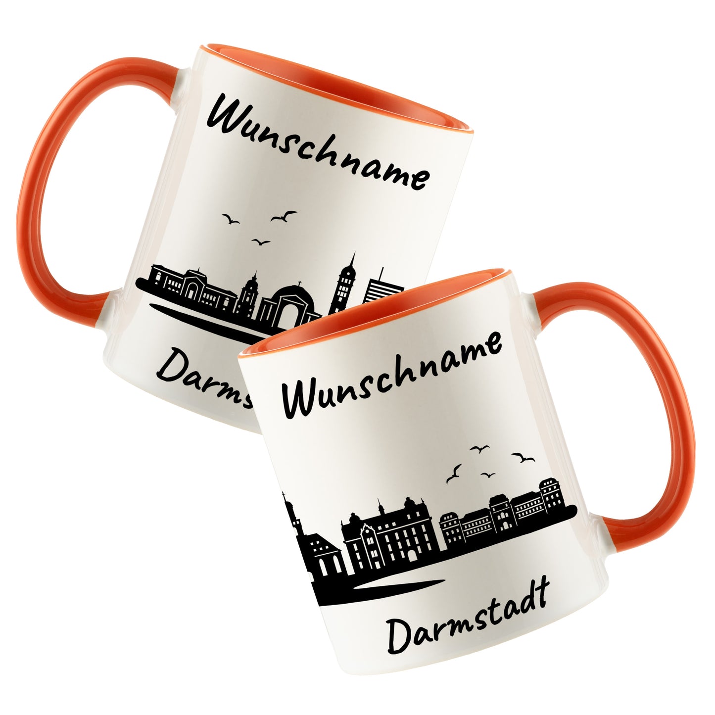 Tasse in Orange 330ml bedruckt mit der Skyline von Darmstadt personalisierbar mit Wunschname