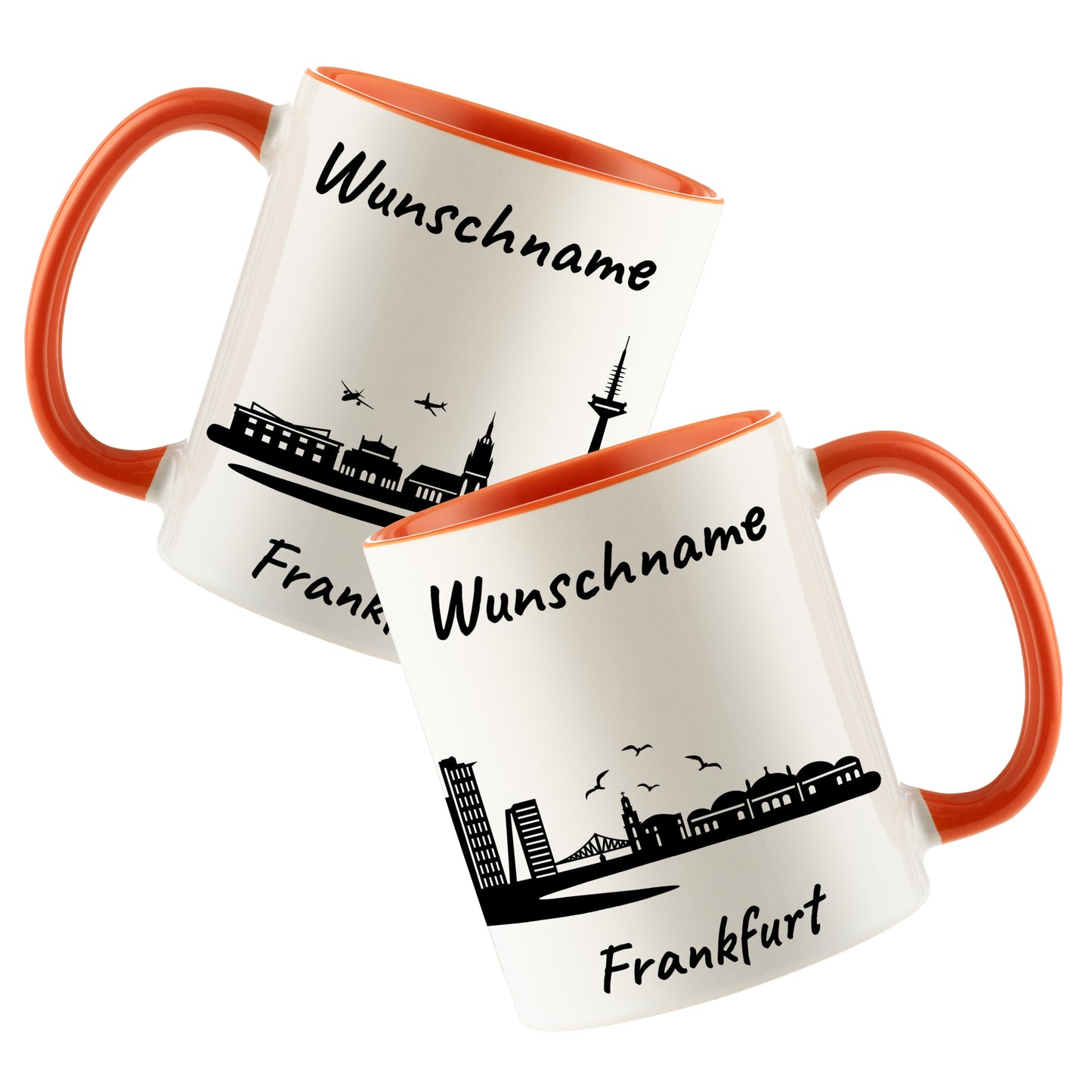 Tasse in Orange 330ml bedruckt mit der Skyline von Frankfurt personalisierbar mit Wunschname